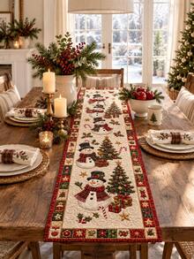 1pc Christmas Snowman Table Runner, Quilted Style Holiday Dining Table Decor, Xmas Tree Gift Pattern Long Table Cover, Farmhouse Christmas Wall Hanging Tapestry, Winter Mantel Cabinet Home Decoration Gift - Multicolor - View 5