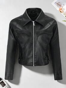 Áo khoác ngắn da PU cổ bẻ cho nữ, phong cách mô tô cổ điển, khóa kéo, dáng ôm slim fit - màu đen - Xem 3