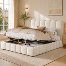 Bed Frame Made Of Velvet With Storage Solid Wood Beige 140 X 190 Cm For Bedroom And Kids Room (Mattress Not Included) - Beige - View 1