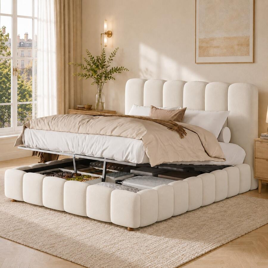 Bed Frame Made Of Velvet With Storage Solid Wood Beige 140 X 190 Cm For Bedroom And Kids Room (Mattress Not Included) - Beige - View 1