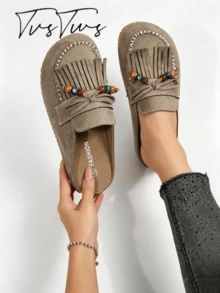 Women's Shoes, Boken Retro Cross Hollow Thick Sole Half-Slip Loafers, Simple Slouchy Slip-On Mule Slides For Daily Casual Wear - Dark Khaki - View 2