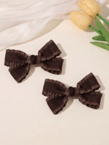 2 Pcs Dark Brown Bow Hair Clips For Women Girls,Ruffled Edge Ribbon Bow Barrettes,Cute Hair Accessories For Daily Wear Party Birthday Gift Fall Style - Brown - View 1