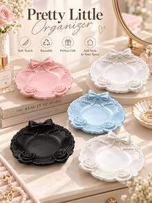 1pc 3D Printed Bow & Rose Jewelry Tray, Cute Ruffled Edge Decorative Storage Dish, Elegant Small Accessories Organizer Box, Suitable For Desk, Vanity, Home Decor - Multicolor - View 2