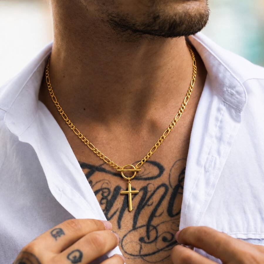 1pc New Classic Cross Pendant Golden Stainless Steel Toggle Clasps Figaro Chain Necklace For Men - Yellow Gold - View 1