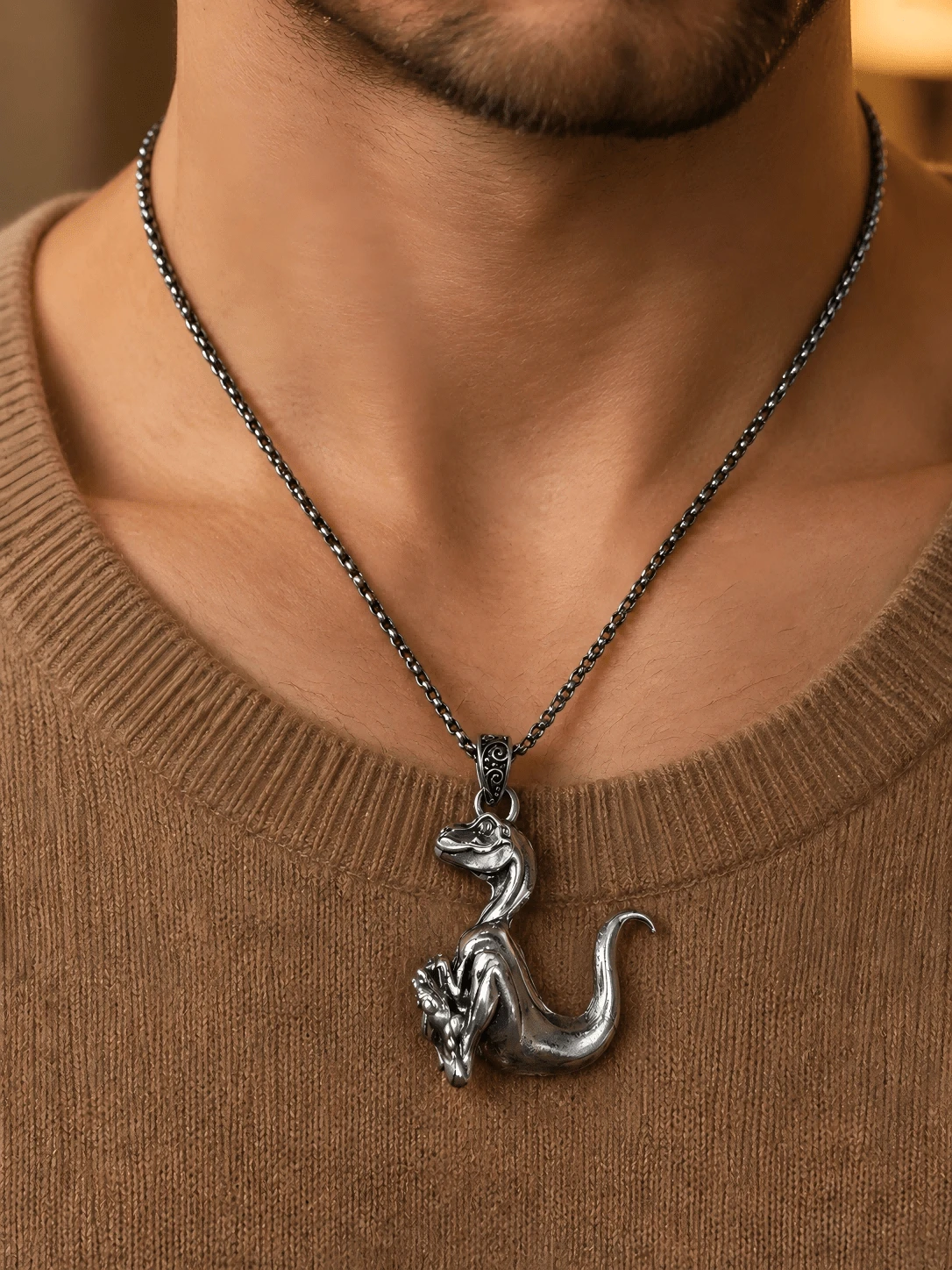 1pc Men's Vintage Dinosaur Pendant Necklace, Retro Animal Chain Necklace, Daily & Party Wear Jewelry - Antique Silver - View 1
