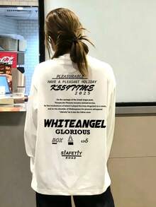 Women's Spring/Autumn Pure Cotton Loose Fit Versatile Round Neck Fashion Casual Letter Print Long Sleeve T-Shirt - White - View 3