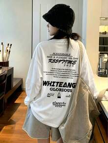 Women's Spring/Autumn Pure Cotton Loose Fit Versatile Round Neck Fashion Casual Letter Print Long Sleeve T-Shirt - White - View 2