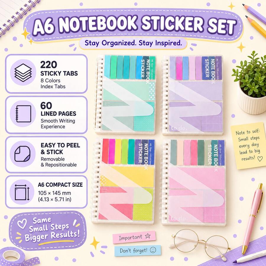 Juego de Bloc de Notas Espiral A6 con Hojas Sueltas Rayadas, 220 Piezas de Notas Adhesivas de Índice Coloridas Macaron, Planificador de Notas de Lectura, Lista de Tareas, Etiquetas de Clasificación, Estilo INS - Unitalla - Ver 1