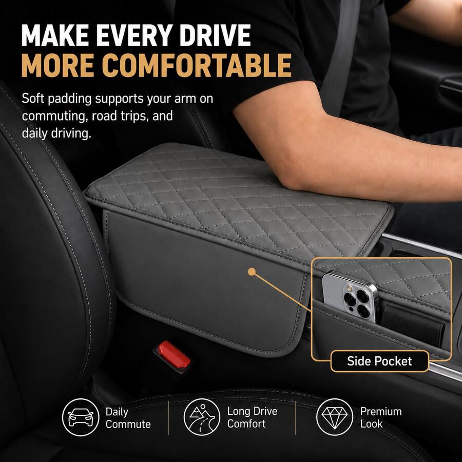 Car Center Armrest Box Protector Pad, PU Diamond Quilted Armrest Heightening Pad With Side Storage Pockets, Universal Car Armrest Cover, Fits Most Standard Armrest Boxes, Relieves Driving Elbow Fatigue - A - View 1