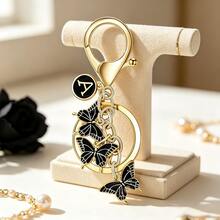 1pc Butterfly Letter Elegant Iron Alloy Keychain Pendant Accessory Winter Pink Black 26 English Letters - Black - View 2