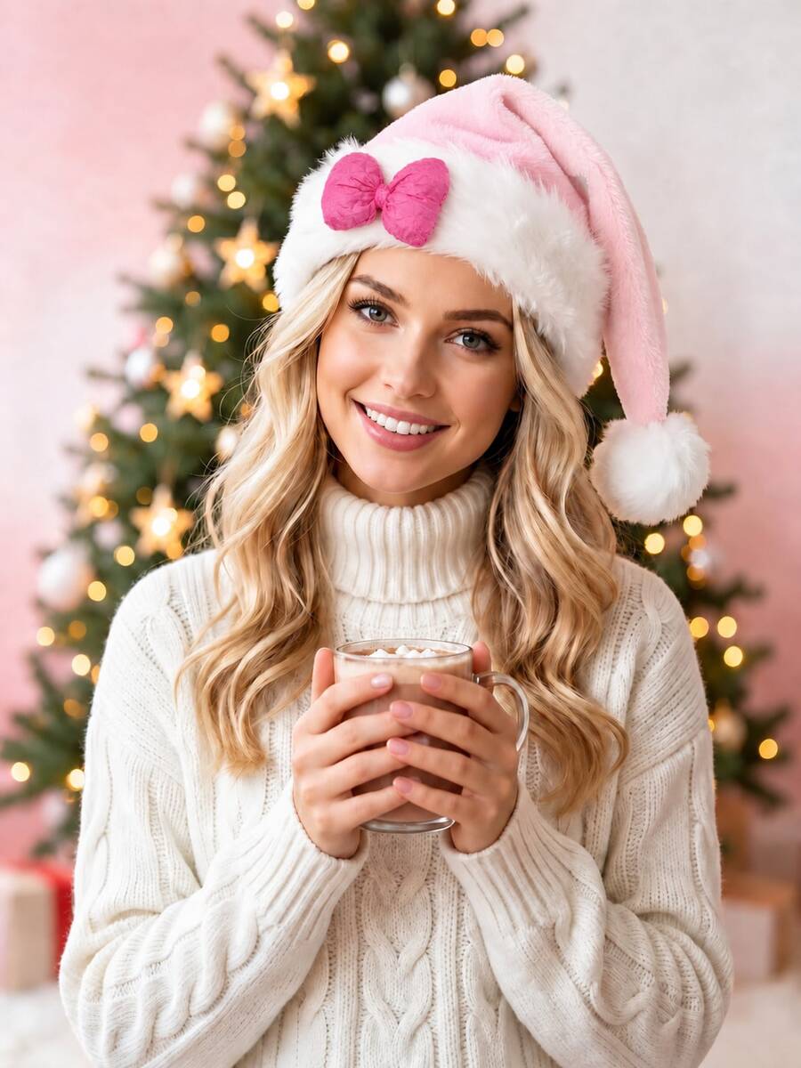 Women's Pink Bow Christmas Hat, Cute Pink Princess Christmas Decorative Hat - Pink - View 1