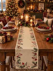 1pc Beige Botanical Christmas Table Runner, Vintage Farmhouse Linen Rectangular Holiday Table Decor With Pine Branches, Red Berries, Holly And Pinecones, Decorative Dining Runner For Christmas Dinner, Winter Gathering And Home Decor - Multicolor - View 3