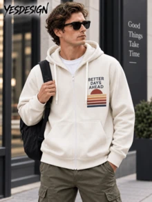 YESDESIGN Men Clothes BETTER DAYS AHEAD Retro Sunset Gradient Stripe Zip Hoodie Off,Positive Minimal Casual Everyday Street ,Men Fall Clothes - Multicolor - View 1