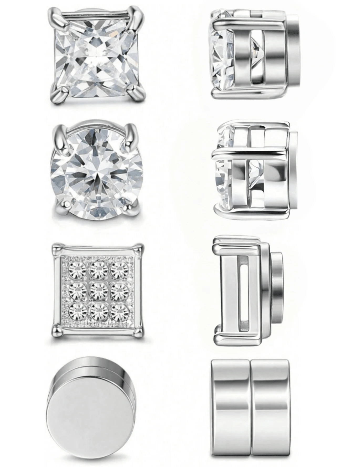 4 Pairs Stainless Steel Magnetic Ear Clips, Non-Pierced Square Round Cubic Zirconia Ear Clips, Unisex Neutral Jewelry Set - Magnetic Earrings 4pcs - View 1