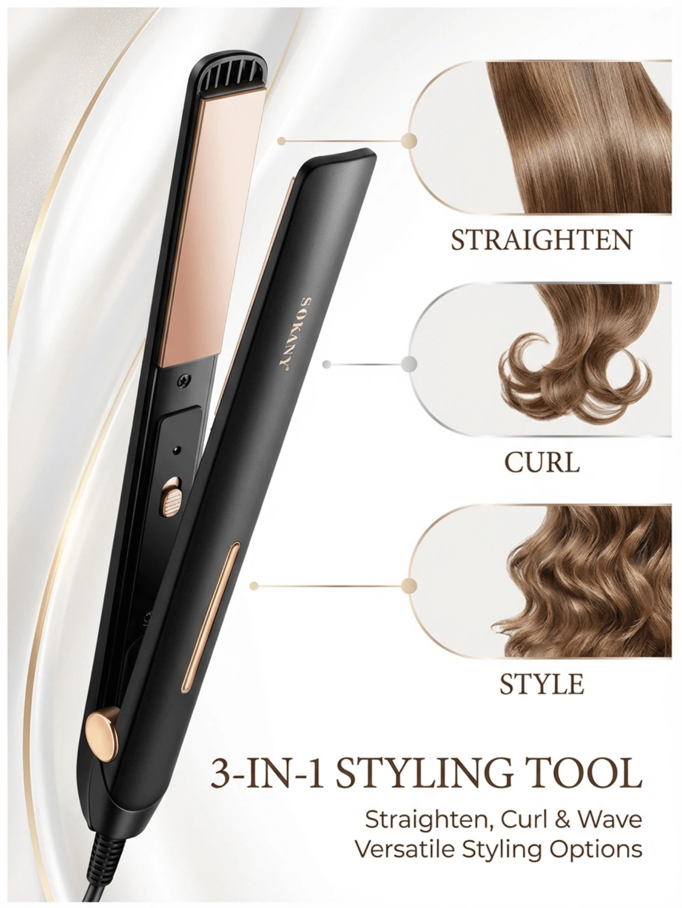 SOKANY1908 Electric Straightening & Curling 2-In-1 Hair Straightener Ionic Hair Straightener With Inward-Curved Bangs Straightening Clip - Black - View 1