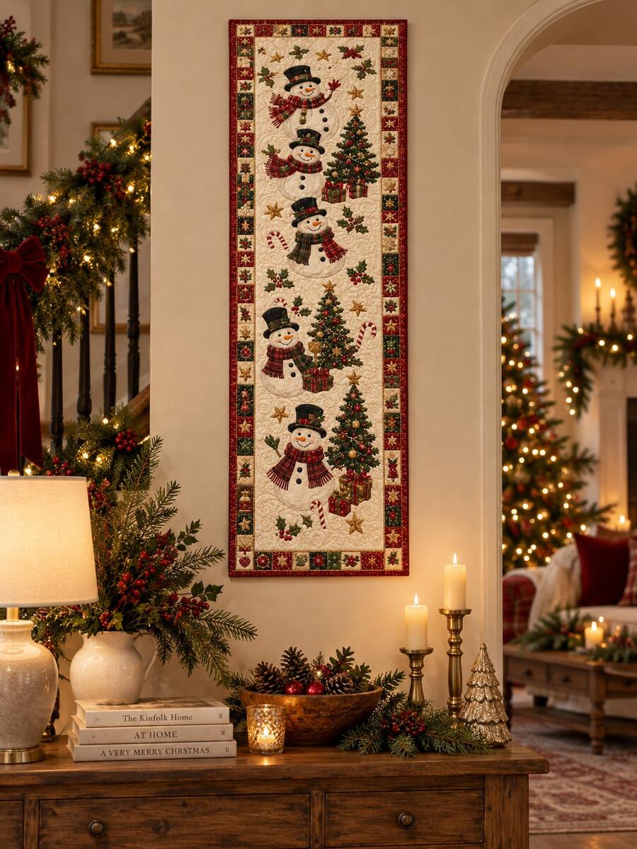 1pc Christmas Snowman Table Runner, Quilted Style Holiday Dining Table Decor, Xmas Tree Gift Pattern Long Table Cover, Farmhouse Christmas Wall Hanging Tapestry, Winter Mantel Cabinet Home Decoration Gift - Multicolor - View 1