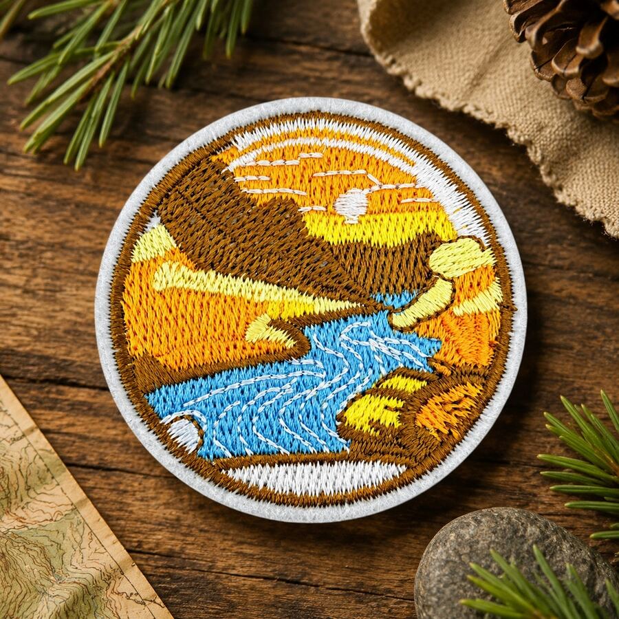 1pc/2pcs/3pcs/4pcs Mountain River Sunset Iron‑On Patch, Round Outdoor Hiking Nature Scenery Embroidered Applique - Multicolor - View 1