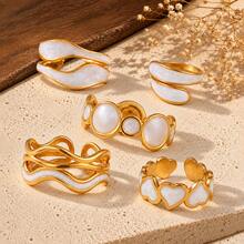 5pcs Women's Gold & White Pearlescent Ring Set, Heart, Round, Wave & Asymmetrical Geometric Open Rings, Luxury Vintage Versatile Jewelry, Suitable For Daily Commute, Dating, Party & Holiday Gift - Gold - View 3