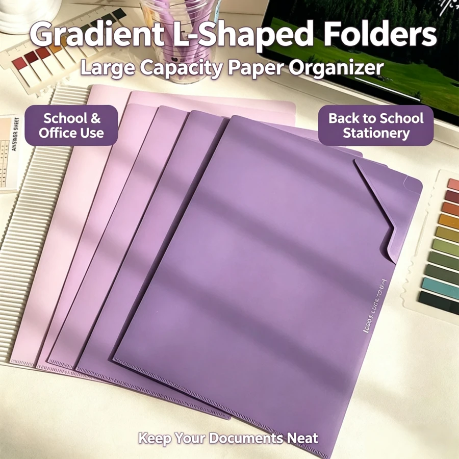 5PCS Gradient L-Shaped File Folders, Large Capacity Paper Storage, Suitable For Office, School Scenarios, Can Be Used For Halloween, Christmas Material Organization, Back To School Season Organizing Various Paper Documents - Multicolor - View 1