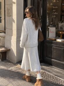 Women's Elegant Light Grey V-Neck Knit Sweater And Midi Skirt Two Pieces Set, Perfect For Casual Fall And Winter Daily Wear With A Comfortable Fit. - Apricot - View 3
