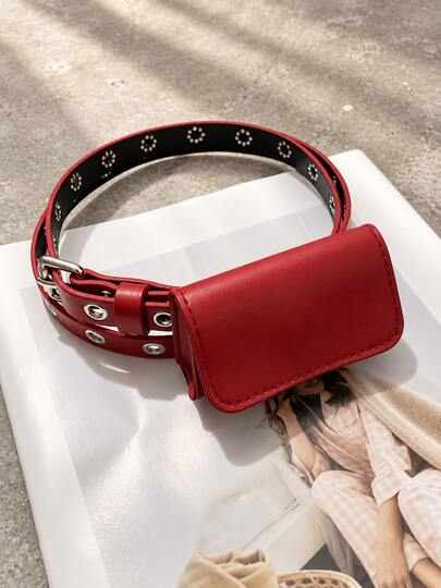 1pc Women's Black & Red Solid Color Perforated Adjustable Buckle Faux PU Leather Waist Belt, Vintage Ins Korean Style Mini Waist Bag Belt, Commute & Date Outfit Accessory
