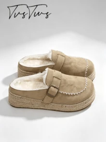 Autumn/Winter New Rope Woven Bohemian Thick Sole Closed Toe Buckle Half-Slip Breathable Comfortable Casual Elegant Sandals Flat Shoes For Women - Light Khaki - View 4