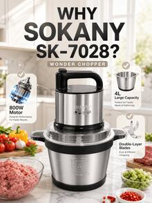 SOKANY 800W 4L Electric Meat Grinder, 220-240V Multi-Function Food Chopper, Stainless Steel Bowl, Dual-Layer 4-Blade, 2-Speed Control, Easy To Clean, Suitable For Meat, Vegetables, Garlic, Home Kitchen - Silver - View 4