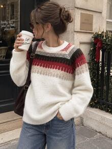 Women's White Long-Sleeved Pullover Sweater, Regular Length With Moderate Elasticity, Festive Christmas Style, Suitable For Autumn And Winter Wear - Multicolor - View 2