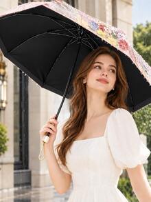 1pc Women's Umbrella, UPF50+ UV Protection Sun Umbrella (Floral Umbrella Is Main Product, Waterproof Storage Bag Is Accessory), Floral Pattern, Portable Travel Umbrella, Strong Waterproof Performance, 8 Reinforced Ribs, Women's Gift - Multicolor - View 3
