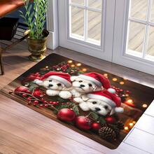1pc 3 Little White Dogs Wearing Christmas Hats Christmas Welcome Mat, Small Rug, Welcome Mat, Carpet, Doormat, Outdoor Doormat, Kitchen Rug, Home Decor, Front Door Mat, Area Rug, Outdoor Mat, Home Decor, Area Carpet, Garden Rug - Multicolor - View 5