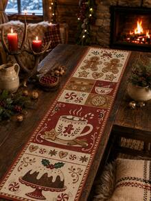 1pc Christmas Table Runner, Gingerbread Man Candy Cane Hot Cocoa Christmas Print Linen Texture Table Runner, Vintage Christmas Holiday Table Decor, Rustic Farmhouse Style Dining Room Kitchen Table Decor, Winter Christmas Home Party Decoration - Multicolor - View 8