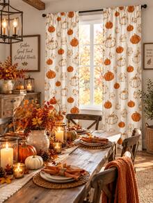 2 Panels Rustic Fall Curtains, Orange White Pumpkin And Maple Leaf Print Window Drapes For Bedroom Living Room Farmhouse Thanksgiving Harvest Decor - B - View 3