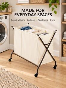 3-Section Rolling Laundry Sorter With Removable Canvas Bag, Durable Metal Frame And 4 Heavy-Duty Wheels, 2 Locking Casters, Compact Clothes Hamper Cart For Laundry Room, Bedroom, Apartment And Dorm, White - View 7