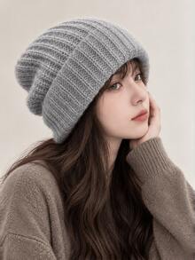 Topi Rajut Longgar Gaya Korea untuk Wanita, Tebal, Hangat, Modis untuk Musim Dingin dan Gugur, Warna Polos, Tahan Angin - topi - View 2