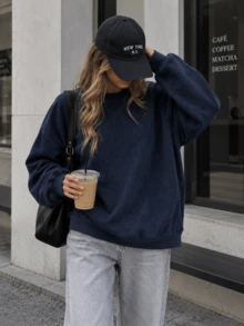 女款秋冬新款極簡無印花休閒時尚百搭圓領衛衣 - 藏蓝色 - 查看 4