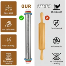 Adjustable Stainless Steel Dough Rolling Pin With 4 Thickness Rings And Scale Markings, Non-Stick Dough Roller, Suitable For Baking Cookies, Pizza, Pie, Pasta And Pastries - Multicolor - View 9