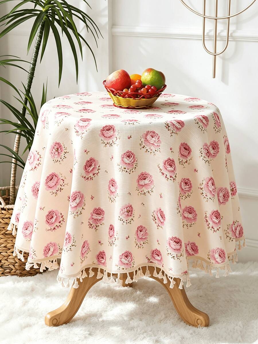 1pc Vintage Pink Rose Floral Print Tassel Round Tablecloth, French Country Style Decorative Tablecloth, Suitable For Dining Table, Home Kitchen, Party Decoration - Pink - View 1
