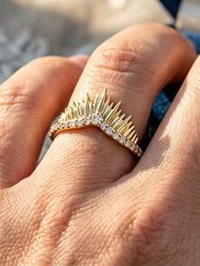 1pc Fashion 14K Gold Plated Spiked Crown V-Shaped Couple Ring, Geometric Daily Commute Gift Party Evening Accessory Jewelry - Yellow - View 2