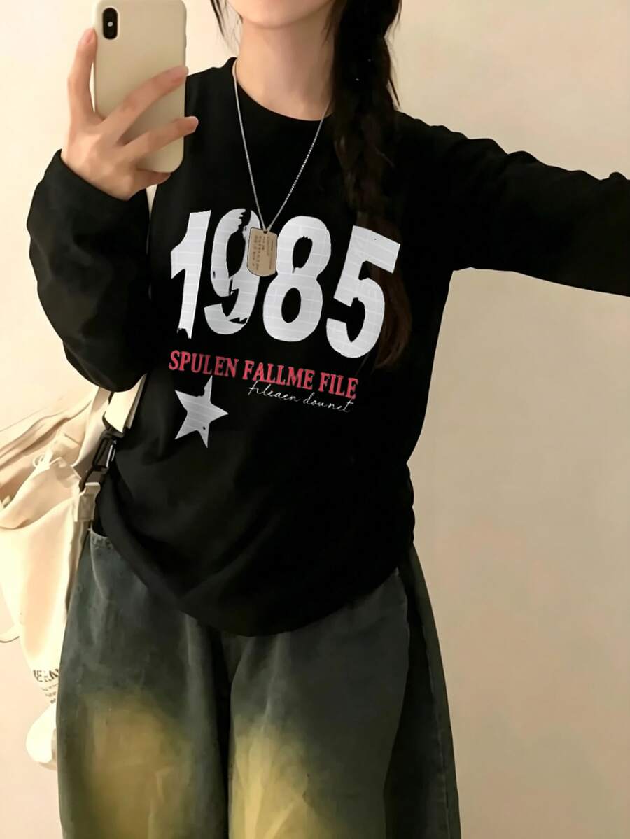 女款秋季純棉寬鬆百搭圓領時尚休閒五星圖案卡通字母印花長袖T恤 - 黑色 - 查看 1