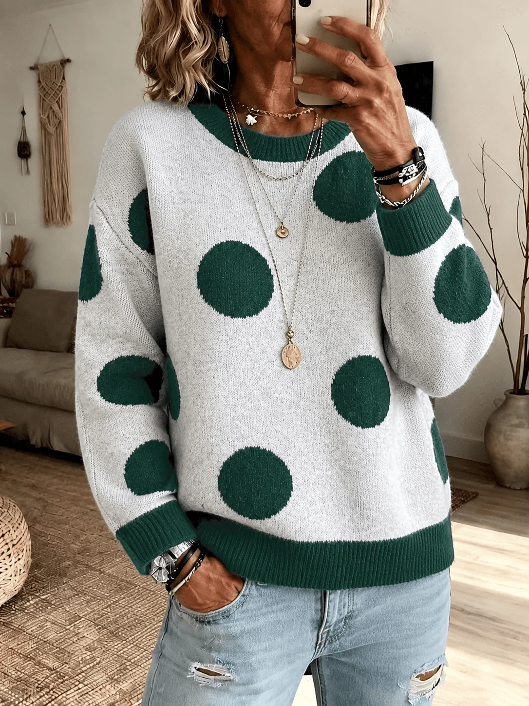 Plus Size Women Polka Dot Print Sweater Round Neck Long Sleeve Color Block Fall Winter Knit Top - White - View 1