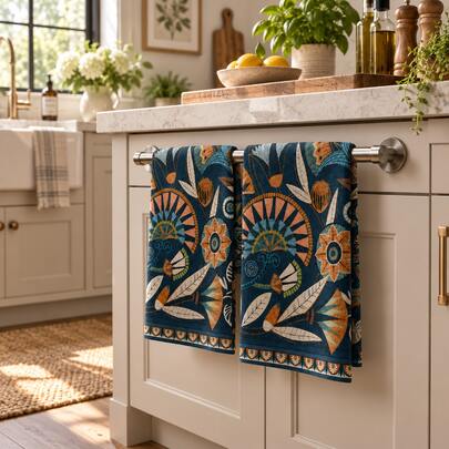 Vintage Geometric Floral Kitchen Towel 2pcs Set, Deep Blue & Orange Abstract Flower Leaf Totem Print Tea Towels, Bohemian Art Decorative Hand Towels, Kitchen Dining Room Home Country Farmhouse Decor Towels, Housewarming Birthday Holiday Home Decoration Gift