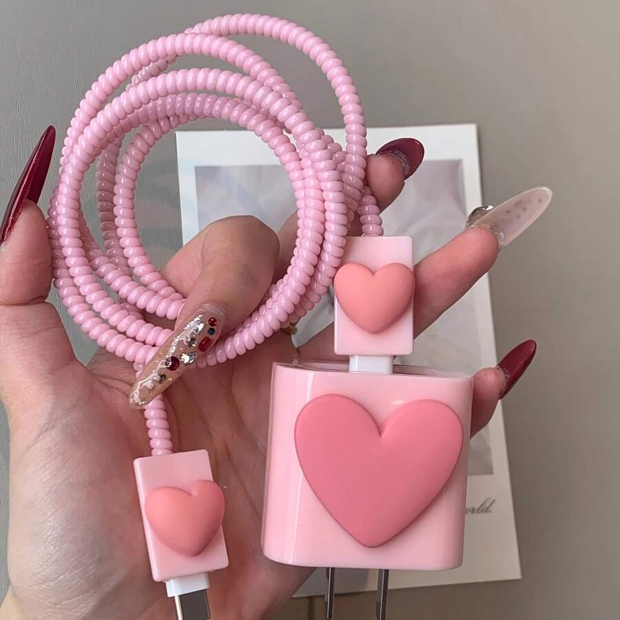 3D Pink Heart-Shaped Charger Head Protector, Data Cable Anti-Breakage, Suitable For IPhone 12/13/14/15/16 And 20W Fast Charger Protector, Data Cable Fixer, Anti-Break Cable, TPU Charger Head Protector