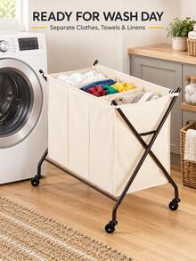 3-Section Rolling Laundry Sorter With Removable Canvas Bag, Durable Metal Frame And 4 Heavy-Duty Wheels, 2 Locking Casters, Compact Clothes Hamper Cart For Laundry Room, Bedroom, Apartment And Dorm, White - View 9