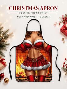 Christmas Apron, Festive Holiday Kitchen Baking Cooking Apron With Red White Character Print, Adult Home Hostess Gift For Christmas Party, Cute Holiday Decor - Multicolor - View 5