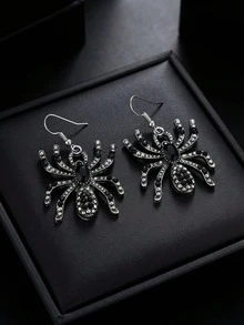Gothic Rhinestone Black Spider Pendant Earrings, Vintage Punk Halloween Crystal Animal Earrings For Women, Dark Subculture Jewelry - Black - View 1