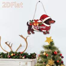 2D Flat Design, 1 Wooden Christmas Dachshund Welcome Sign, Creative Holiday Door Decoration, Suitable For Home/Shop Christmas Scene Setup, Vintage-Style Holiday Ornament. - A - View 4