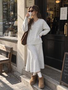 Women's Elegant Light Grey V-Neck Knit Sweater And Midi Skirt Two Pieces Set, Perfect For Casual Fall And Winter Daily Wear With A Comfortable Fit. - Apricot - View 1