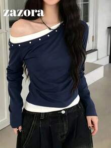 設計感對比色 2 合 1 不對稱單肩長袖 T-shirt，甜酷辣妹風百搭修身上衣 - 藏青色 - 查看 3