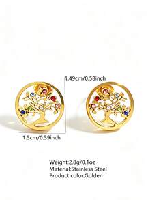 VceTd 1 Pair Naturalist Style Tree Of Life Design Stainless Steel Earrings With Colorful Glass Decor, Suitable For Daily Wear Or Party - Yellow Gold - View 6