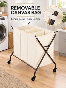 3-Section Rolling Laundry Sorter With Removable Canvas Bag, Durable Metal Frame And 4 Heavy-Duty Wheels, 2 Locking Casters, Compact Clothes Hamper Cart For Laundry Room, Bedroom, Apartment And Dorm, White - View 1